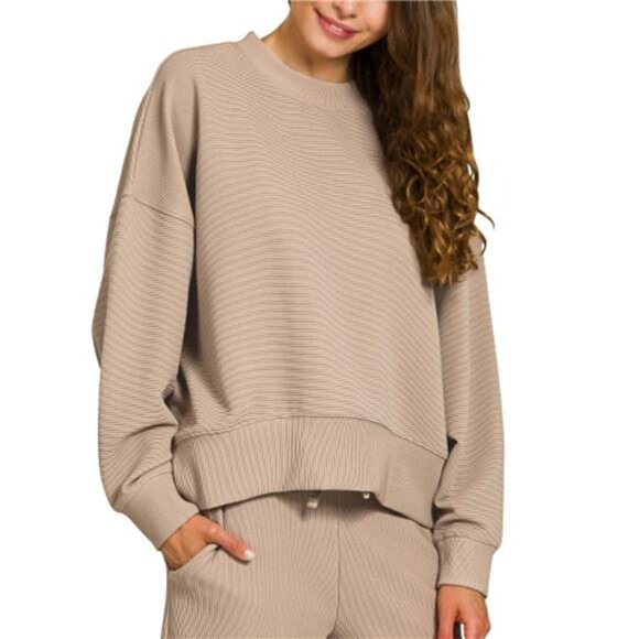 Zenana Ribbed Round Neck Pullover and Drawstring Pants Set - Picture 2 of 2